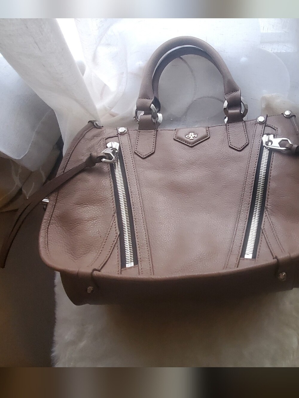 orYANY Cassandra Pebble Taupe Leather Satchel with Silver Zippers